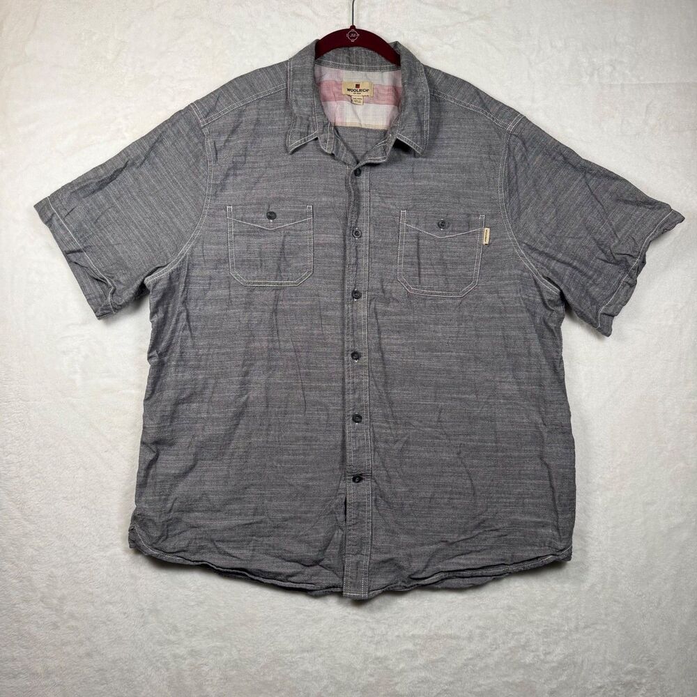 Woolrich Mens XXL Black Heather Short Sleeve Button Up Shirt 100% Cotton Utility